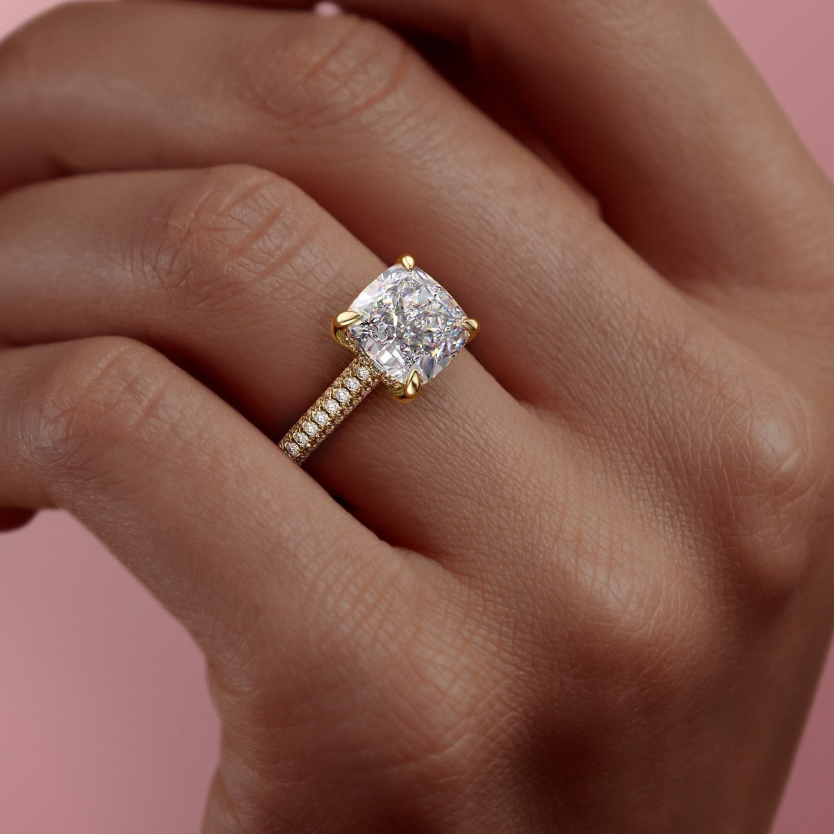 The Celeste — Cushion Lab Diamond Pavé Shoulder Engagement Ring