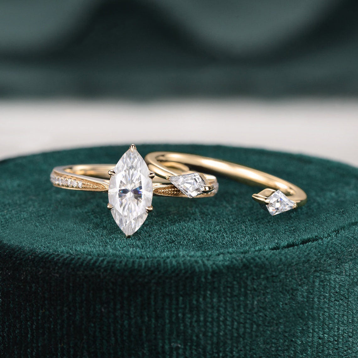 The Juliet Set — Marquise Lab Diamond Vintage Wedding Ring Set II