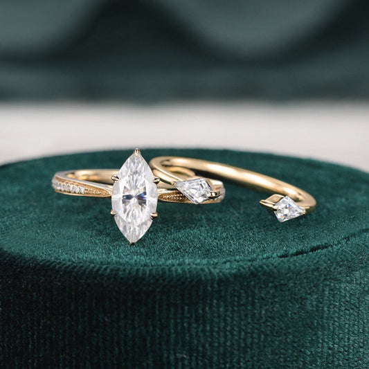 The Juliet Set — Marquise Lab Diamond Vintage Wedding Ring Set II