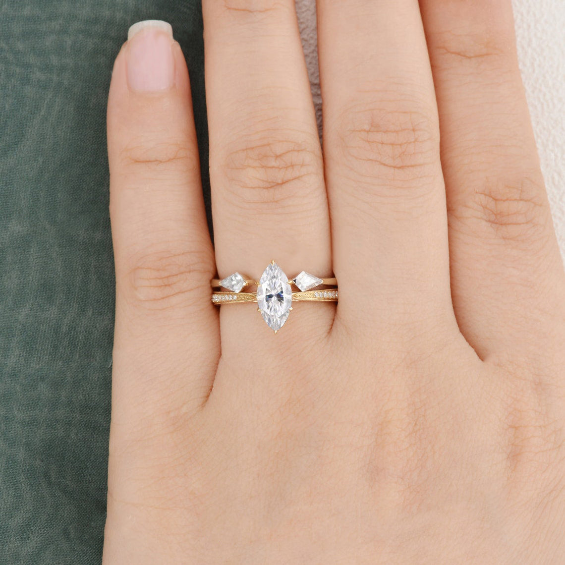 The Juliet Set — Marquise Lab Diamond Vintage Wedding Ring Set II