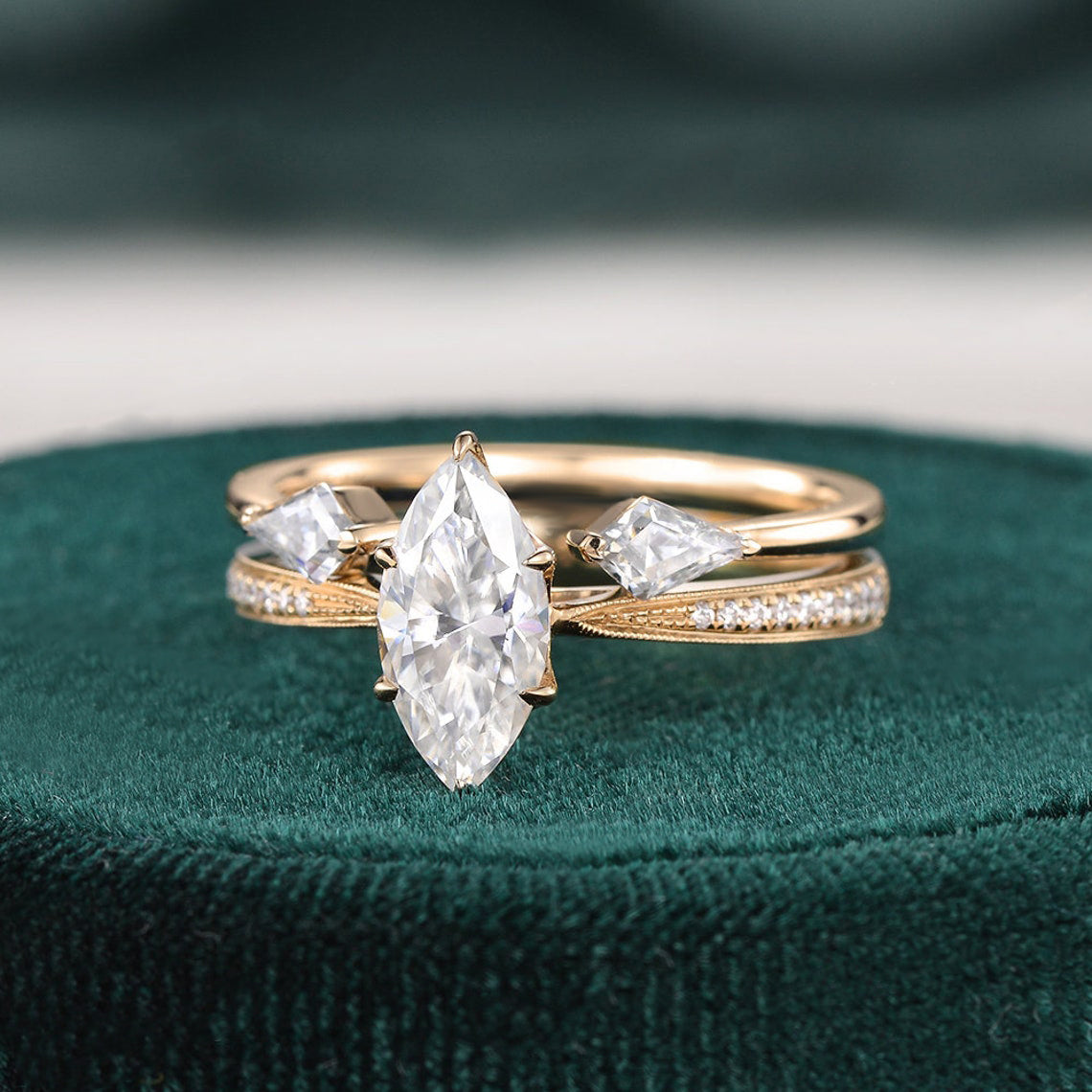 The Juliet Set — Marquise Lab Diamond Vintage Wedding Ring Set II