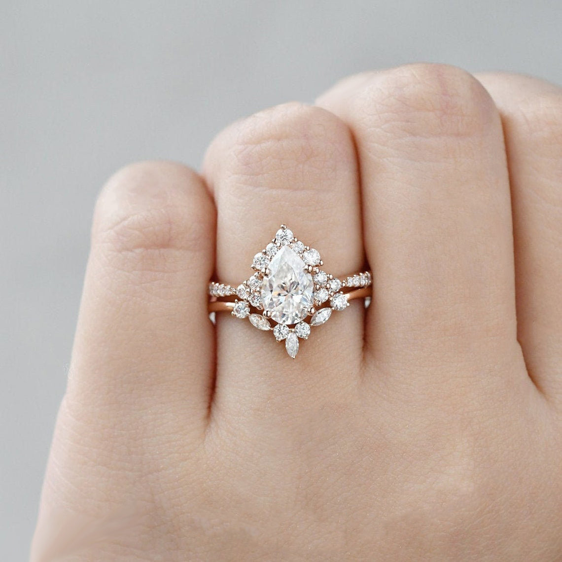 The Violet Set — Pear Lab Diamond Vintage Wedding Ring Set XI