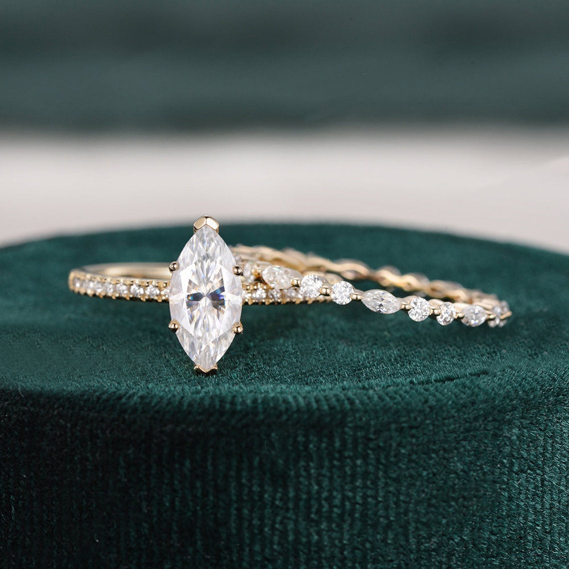 The Juliet Set — Marquise Lab Diamond Vintage Wedding Ring Set