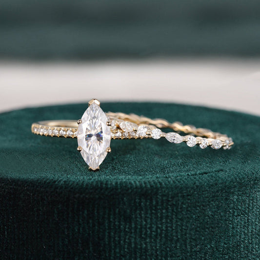 The Juliet Set — Marquise Lab Diamond Vintage Wedding Ring Set