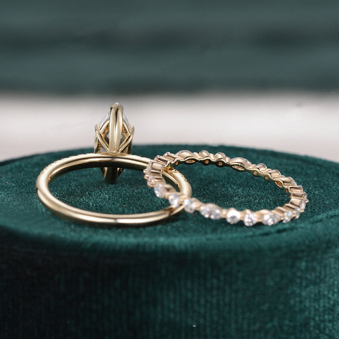 The Juliet Set — Marquise Lab Diamond Vintage Wedding Ring Set