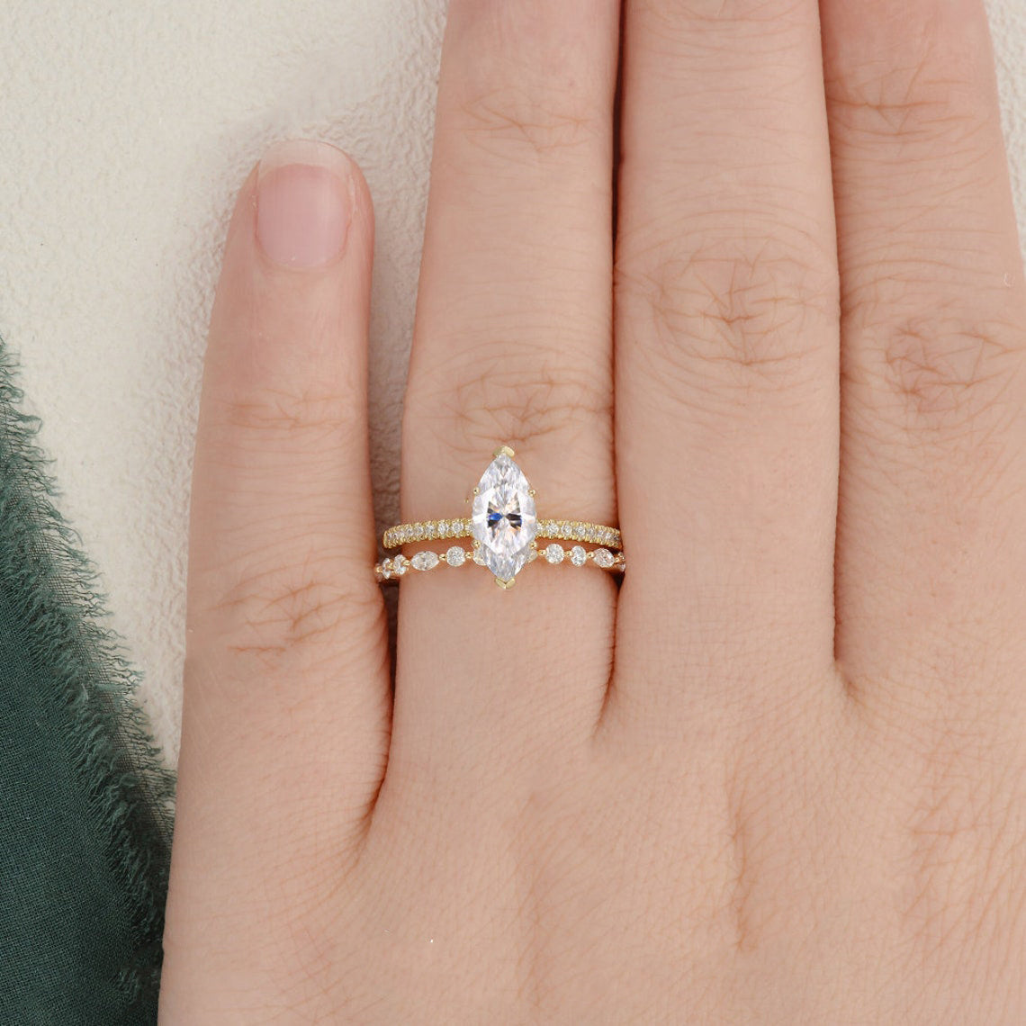 The Juliet Set — Marquise Lab Diamond Vintage Wedding Ring Set