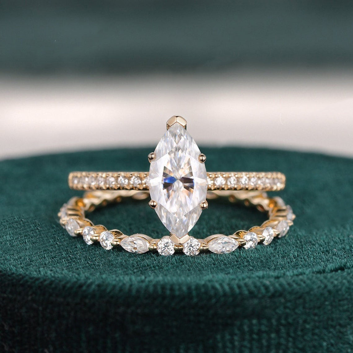 The Juliet Set — Marquise Lab Diamond Vintage Wedding Ring Set