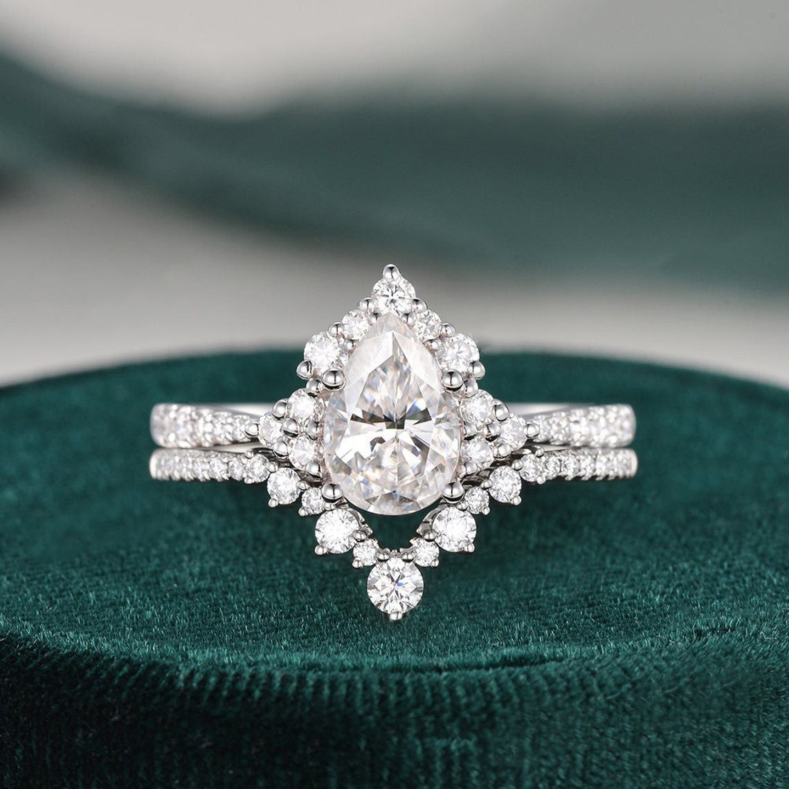 The Violet Set — Pear Lab Diamond Vintage Wedding Ring Set IX