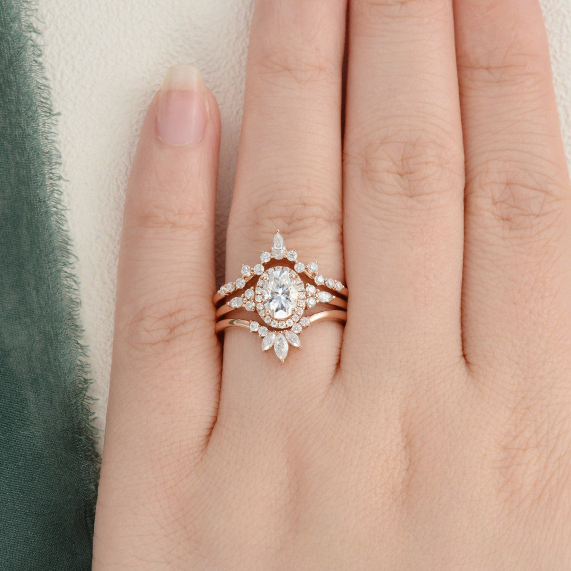 The Violet Set — Oval Lab Diamond 3-Piece Vintage Wedding Ring Set IV