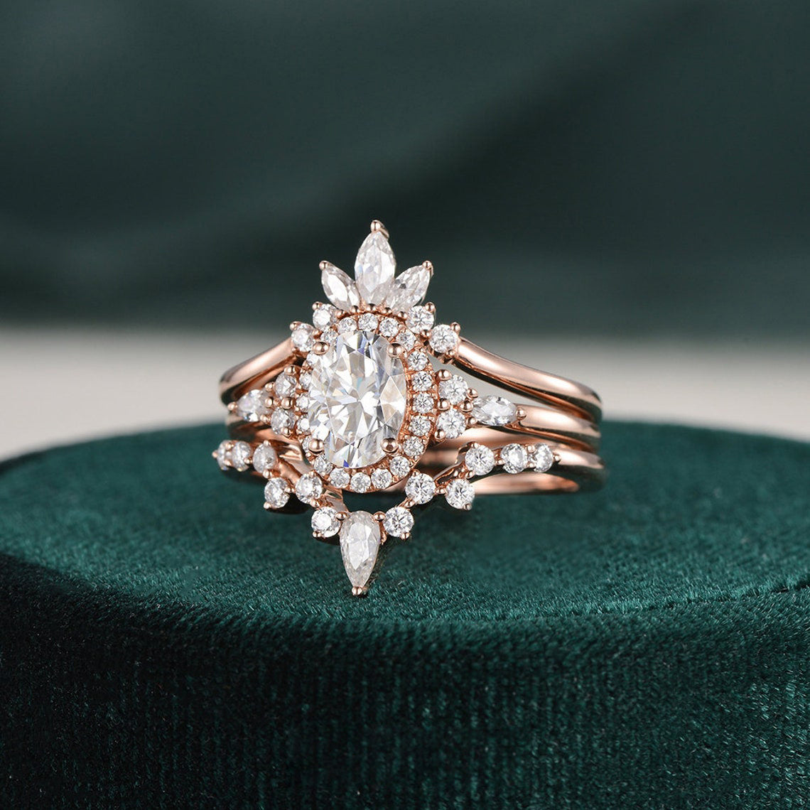 The Violet Set — Oval Lab Diamond 3-Piece Vintage Wedding Ring Set IV