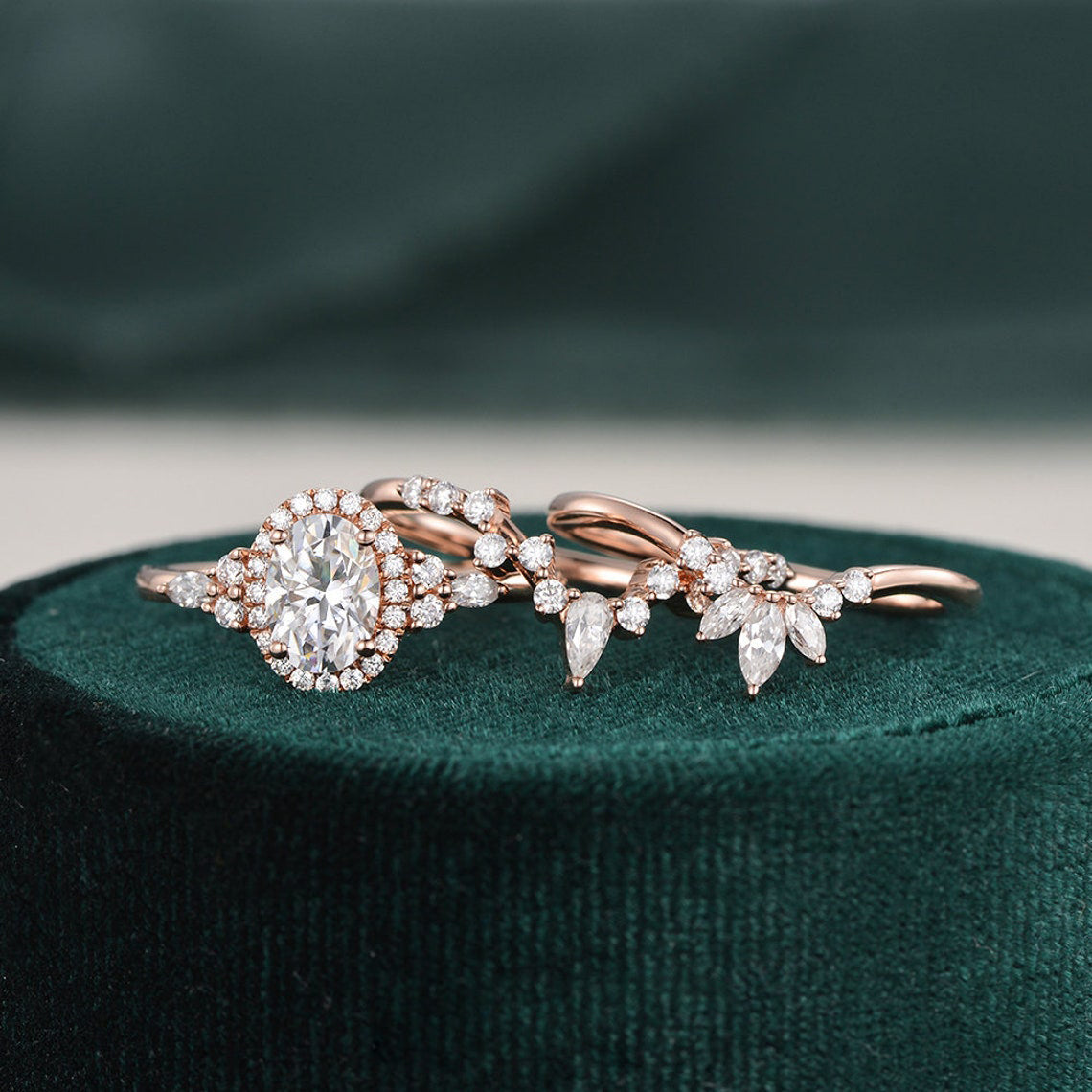 The Violet Set — Oval Lab Diamond 3-Piece Vintage Wedding Ring Set IV