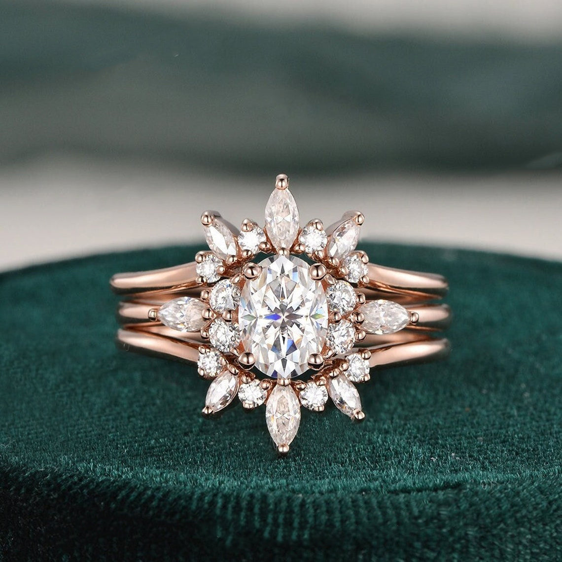 The Violet Set — Round Lab Diamond 3-Piece Vintage Wedding Ring Set