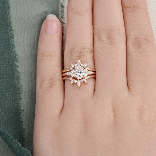 The Violet Set — Round Lab Diamond 3-Piece Vintage Wedding Ring Set