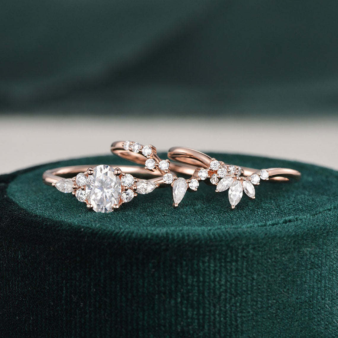 The Violet Set — Oval Lab Diamond 3-Piece Vintage Wedding Ring Set III