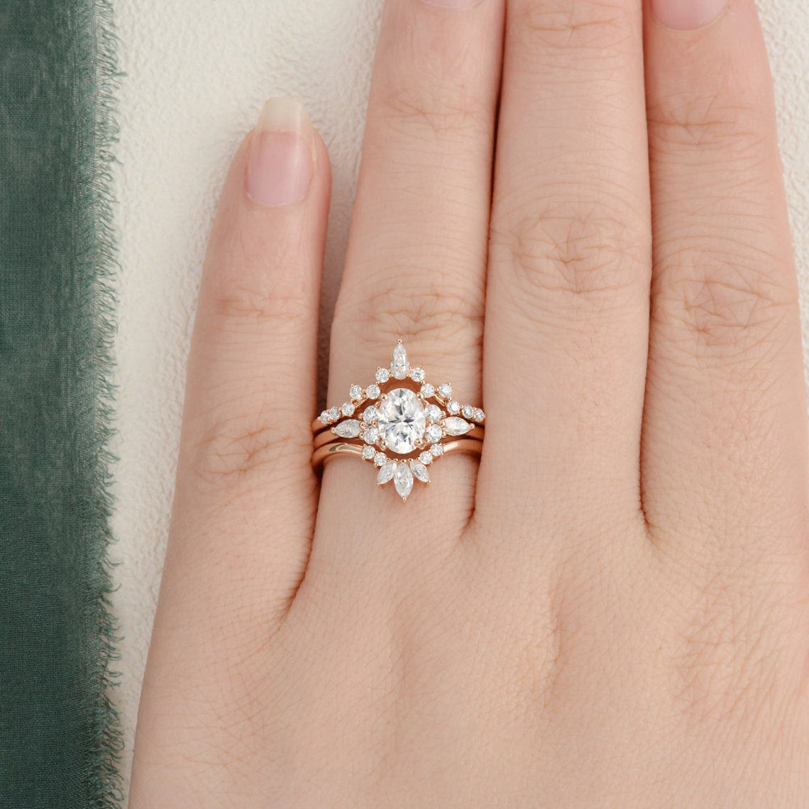 The Violet Set — Oval Lab Diamond 3-Piece Vintage Wedding Ring Set III