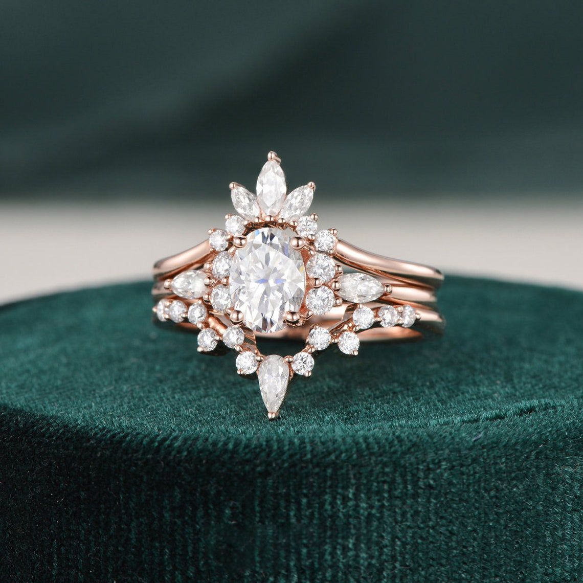 The Violet Set — Oval Lab Diamond 3-Piece Vintage Wedding Ring Set III