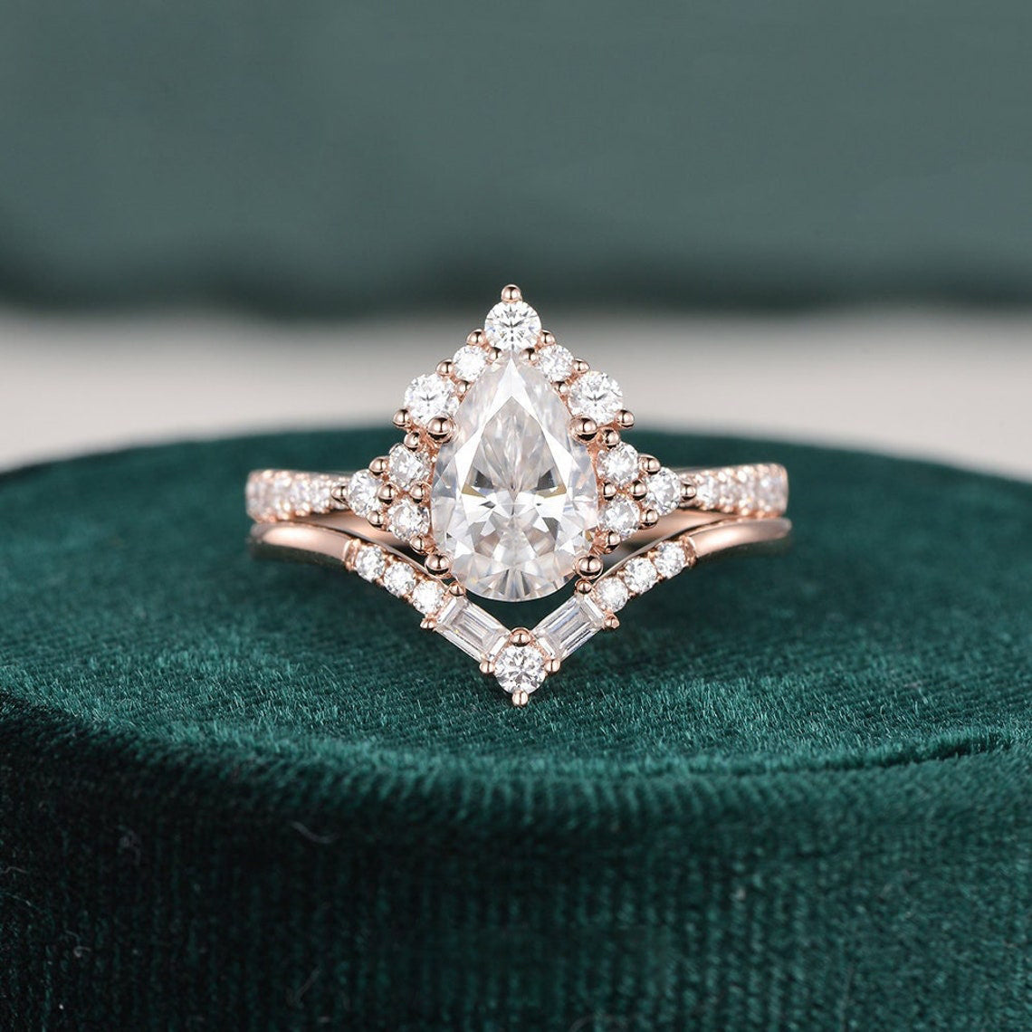 The Violet Set — Pear Lab Diamond Vintage Wedding Ring Set VI