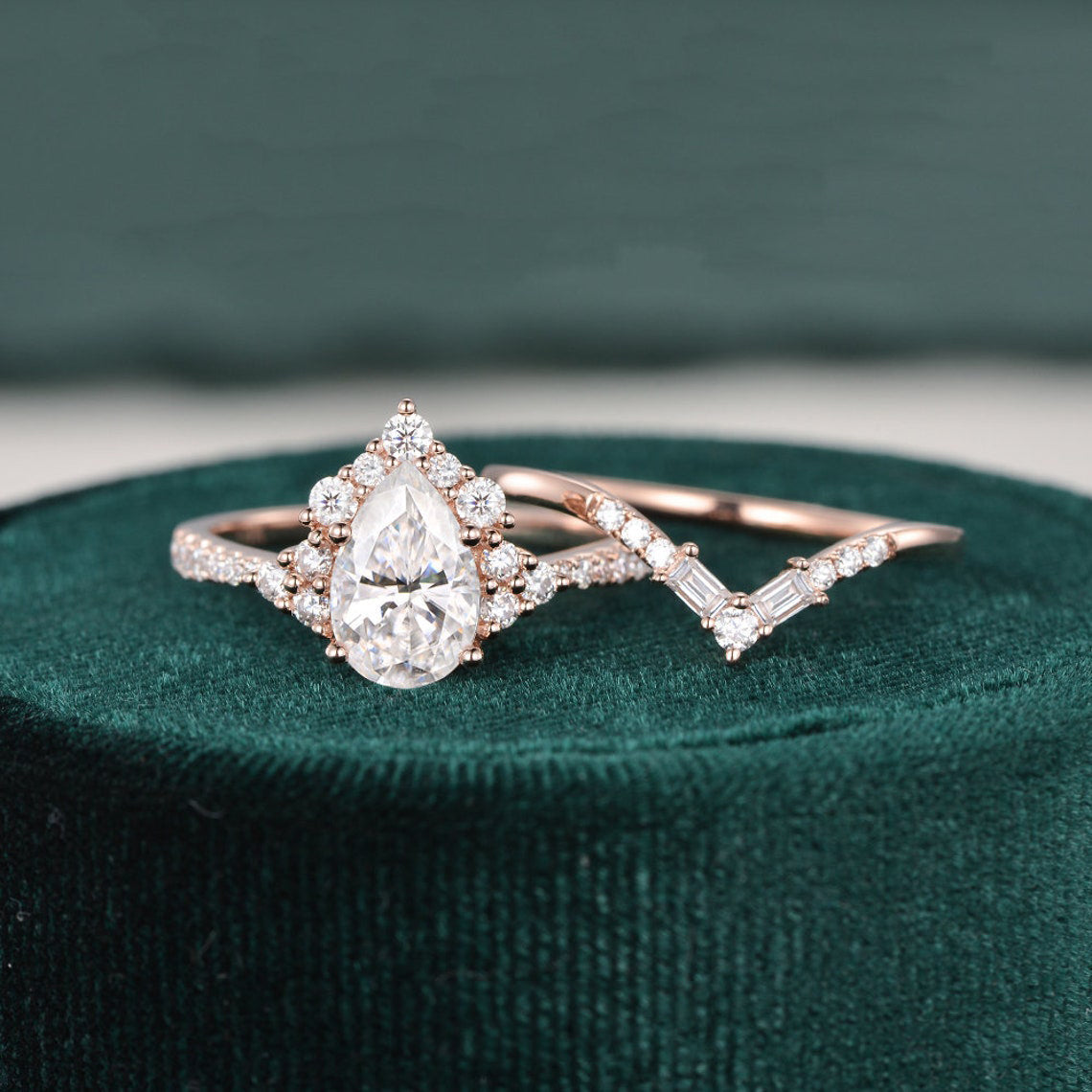The Violet Set — Pear Lab Diamond Vintage Wedding Ring Set VI