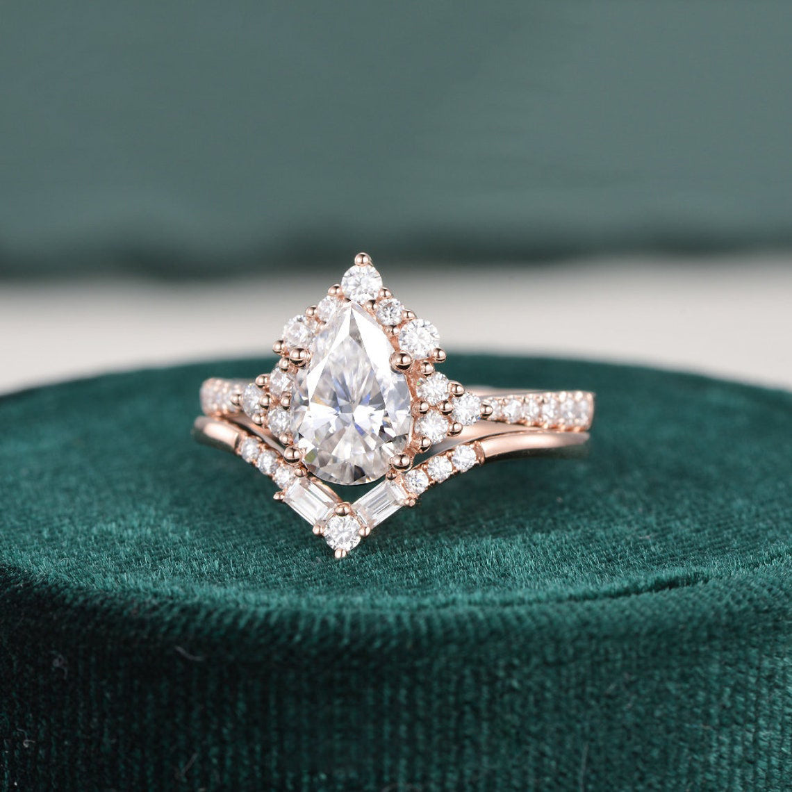 The Violet Set — Pear Lab Diamond Vintage Wedding Ring Set VI