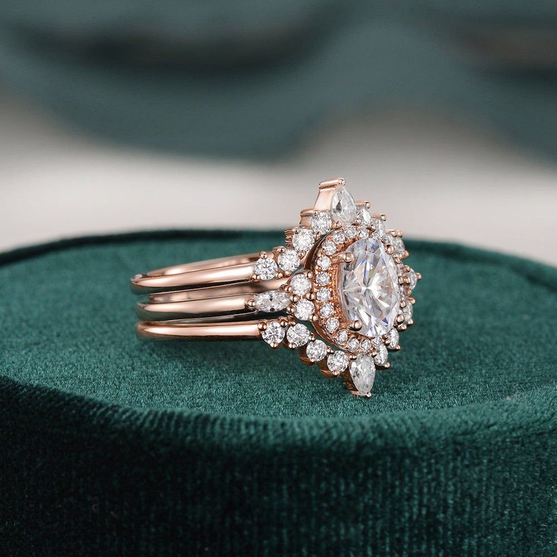 The Violet Set — Oval Lab Diamond 3-Piece Vintage Wedding Ring Set II