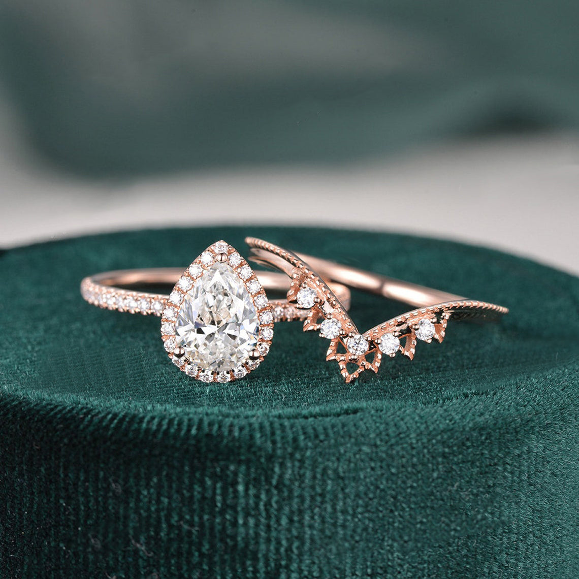 The Violet Set — Pear Lab Diamond Vintage Wedding Ring Set IV