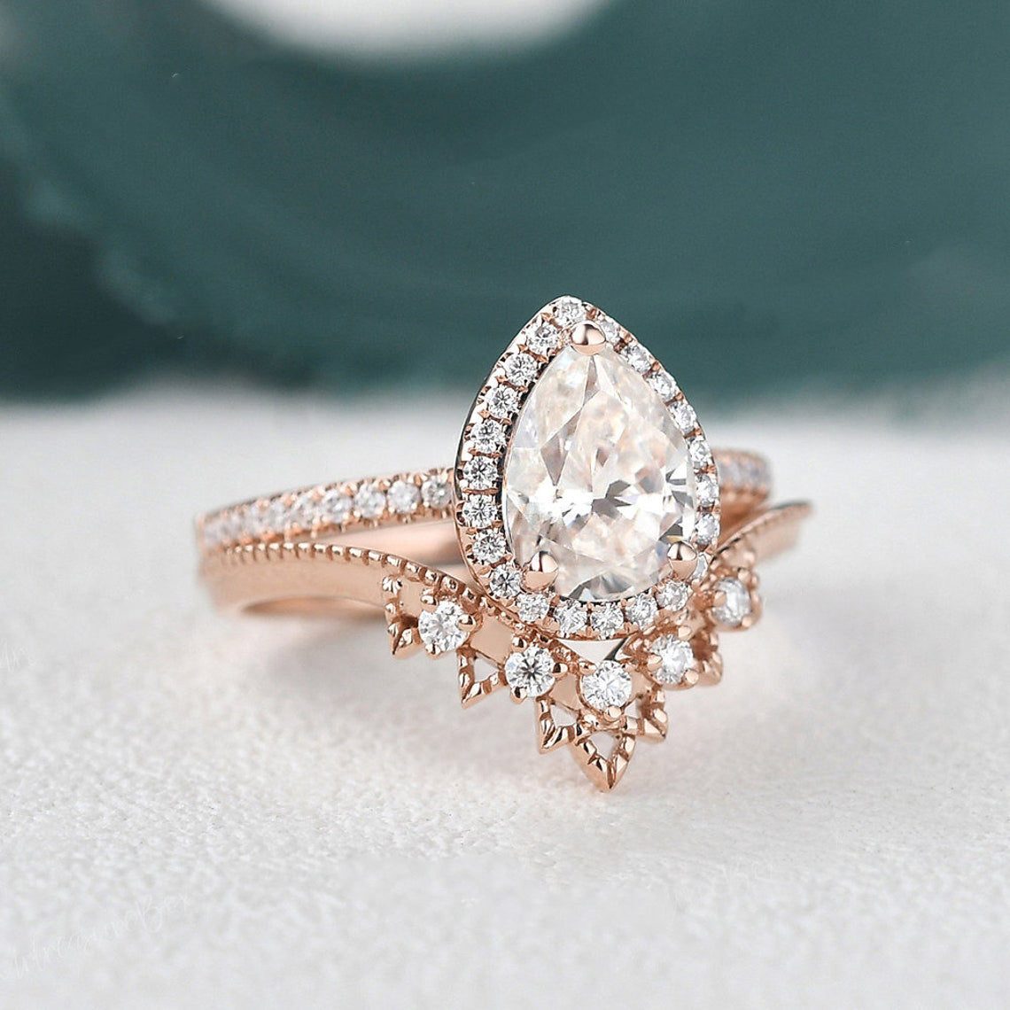 The Violet Set — Pear Lab Diamond Vintage Wedding Ring Set IV