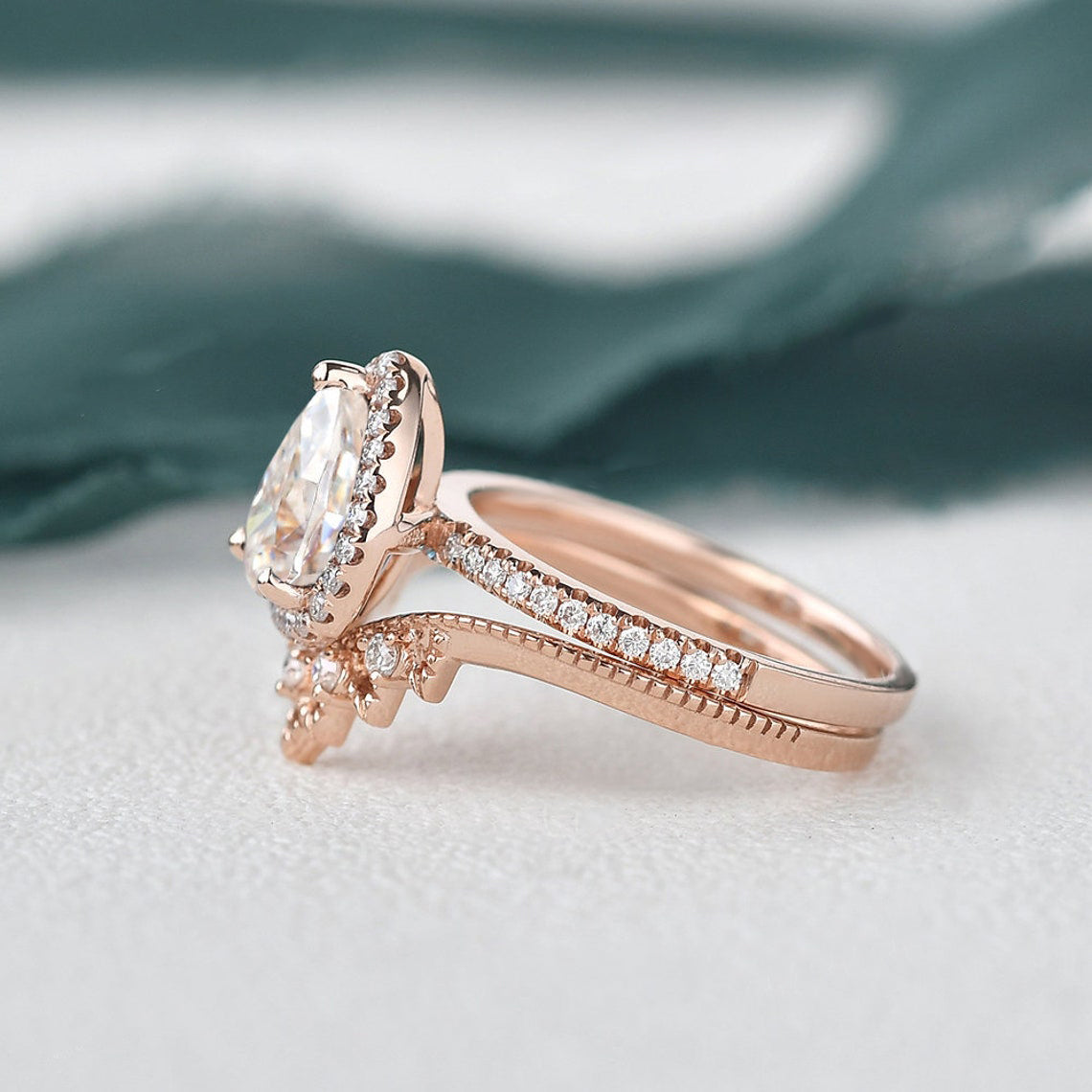 The Violet Set — Pear Lab Diamond Vintage Wedding Ring Set IV