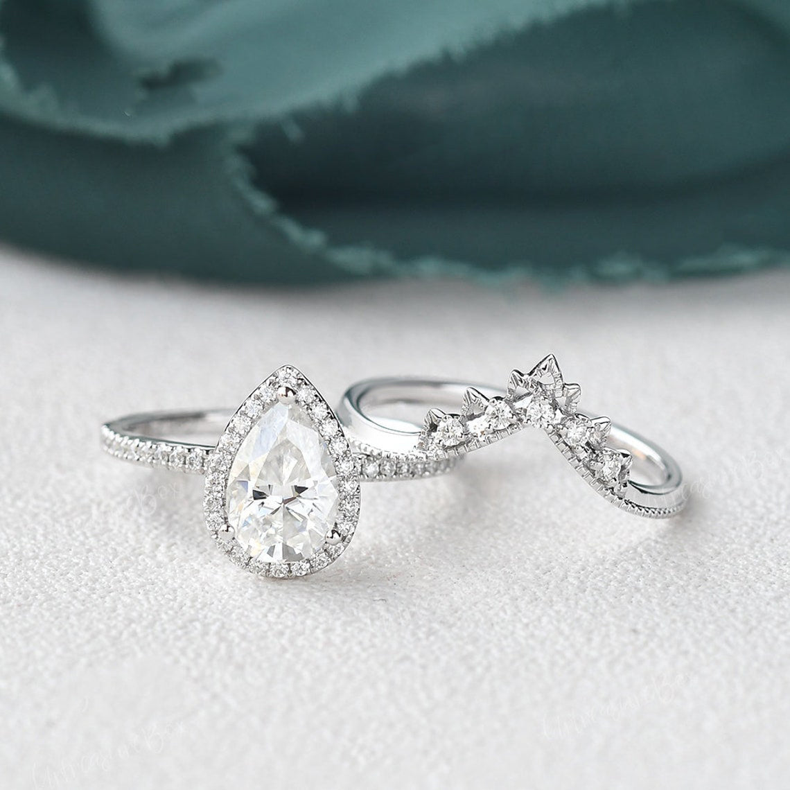 The Violet Set — Pear Lab Diamond Vintage Wedding Ring Set III