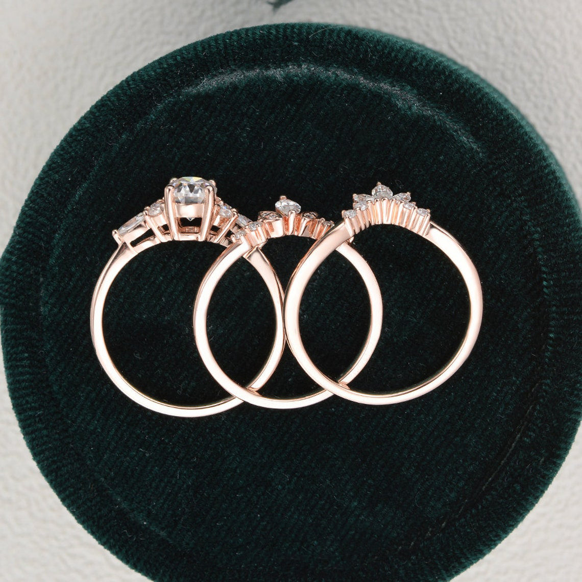 The Violet Set — Oval Lab Diamond 3-Piece Vintage Wedding Ring Set