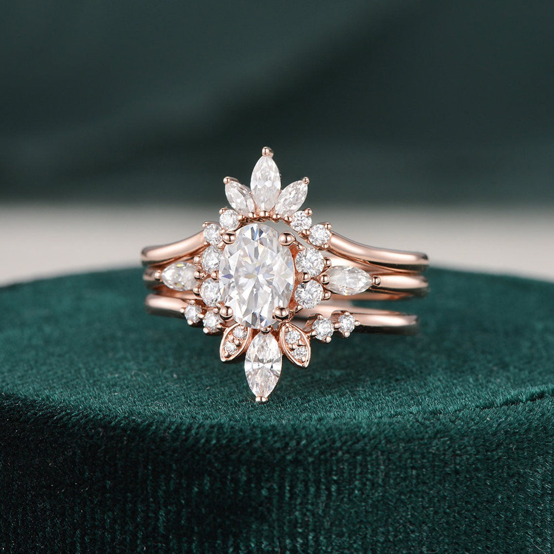 The Violet Set — Oval Lab Diamond 3-Piece Vintage Wedding Ring Set