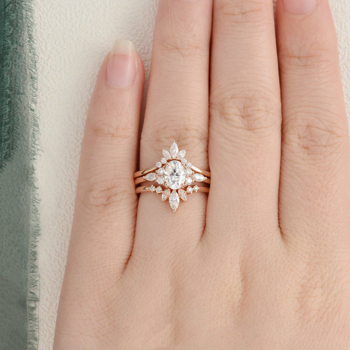 The Violet Set — Oval Lab Diamond 3-Piece Vintage Wedding Ring Set