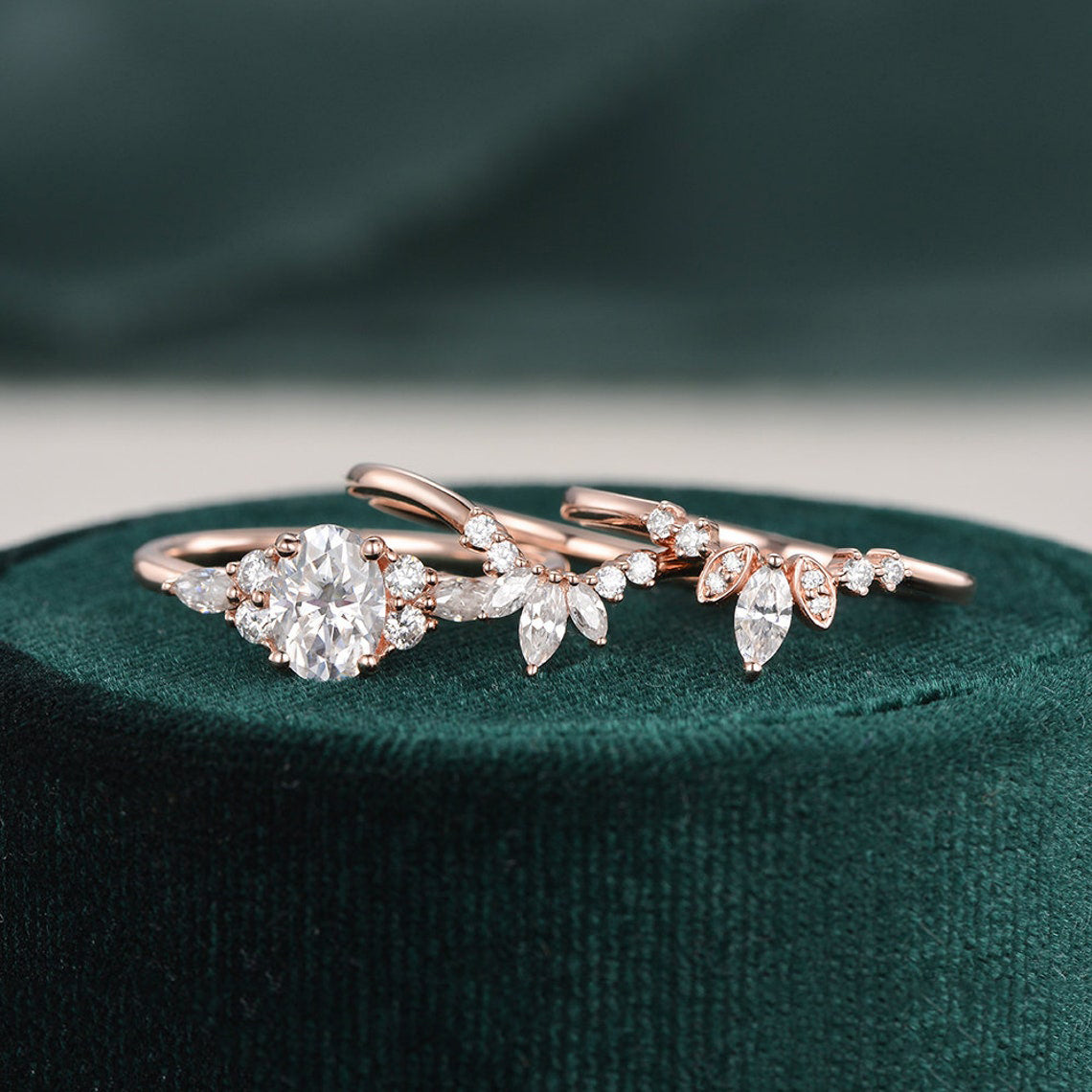 The Violet Set — Oval Lab Diamond 3-Piece Vintage Wedding Ring Set