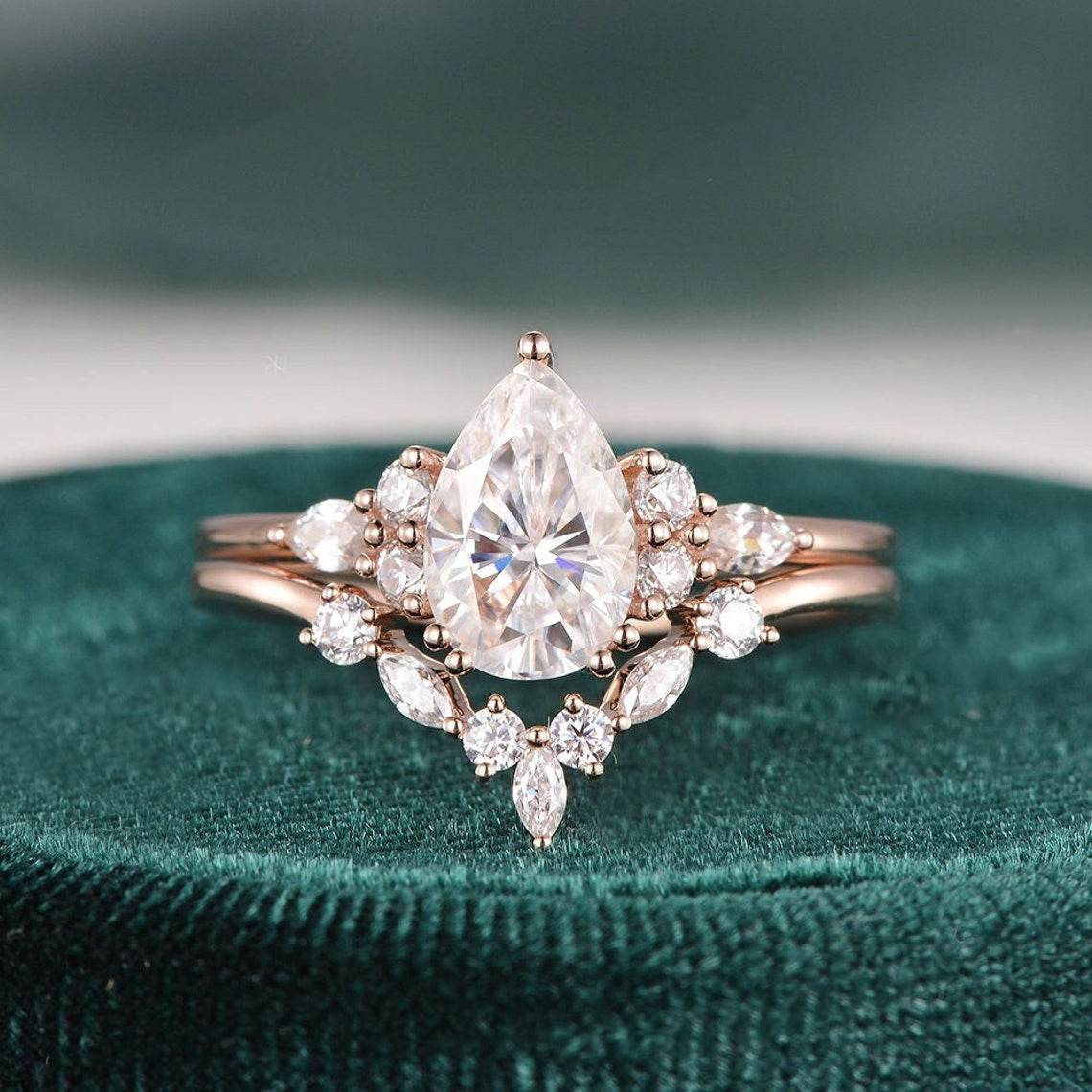 The Violet Set — Pear Lab Diamond Vintage Wedding Ring Set II