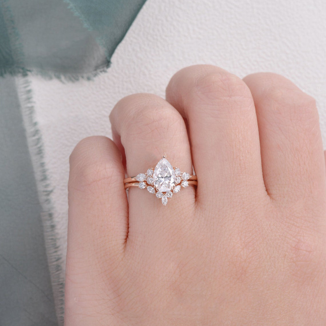 The Violet Set — Pear Lab Diamond Vintage Wedding Ring Set II