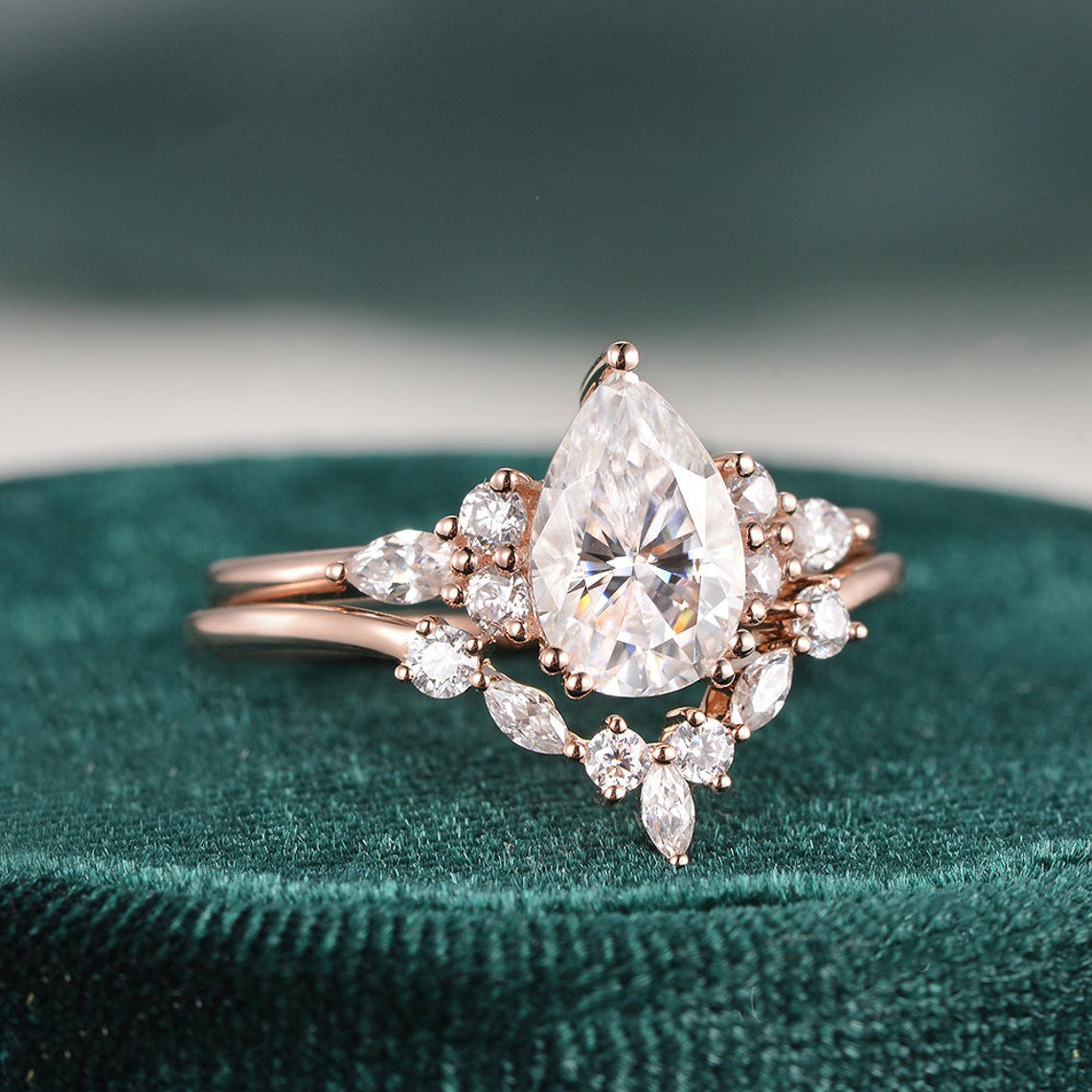 The Violet Set — Pear Lab Diamond Vintage Wedding Ring Set II