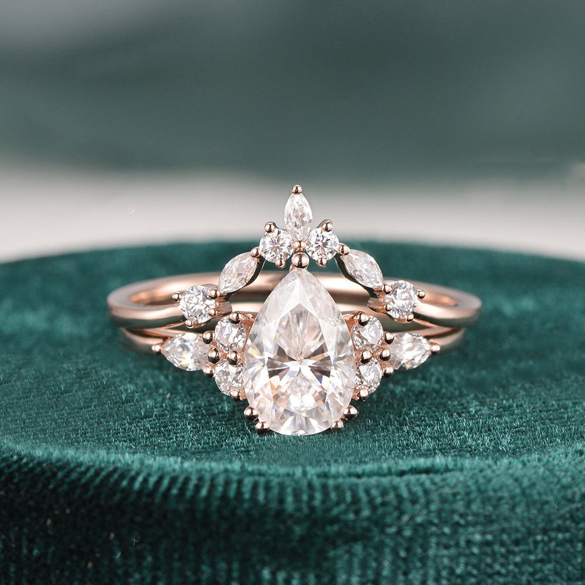The Violet Set — Pear Lab Diamond Vintage Wedding Ring Set II