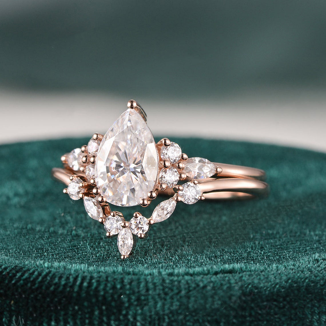 The Violet Set — Pear Lab Diamond Vintage Wedding Ring Set II