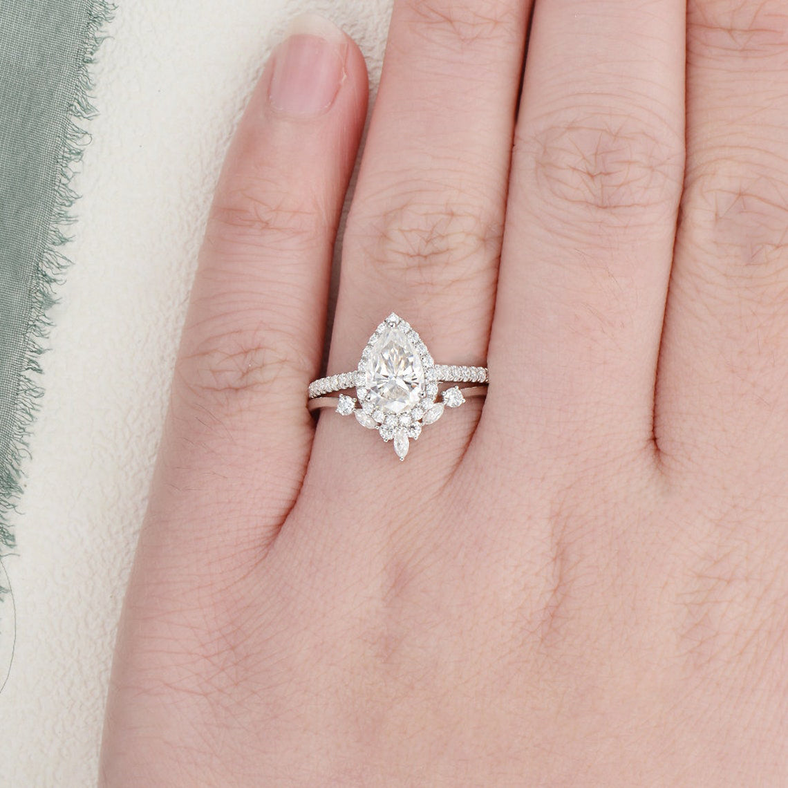 The Violet Set — Pear Lab Diamond Vintage Wedding Ring Set