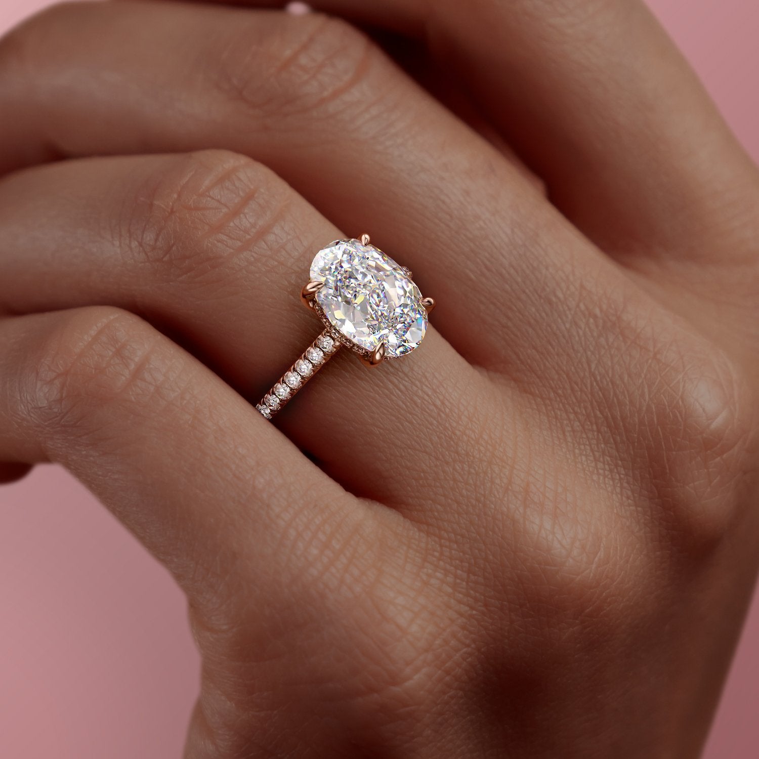 The Celeste — Oval Lab Diamond Pavé Shoulder Secret Halo Engagement Ring V