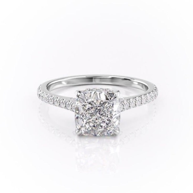 The Celeste — Cushion Lab Diamond Pavé Shoulder Secret Halo Engagement Ring V