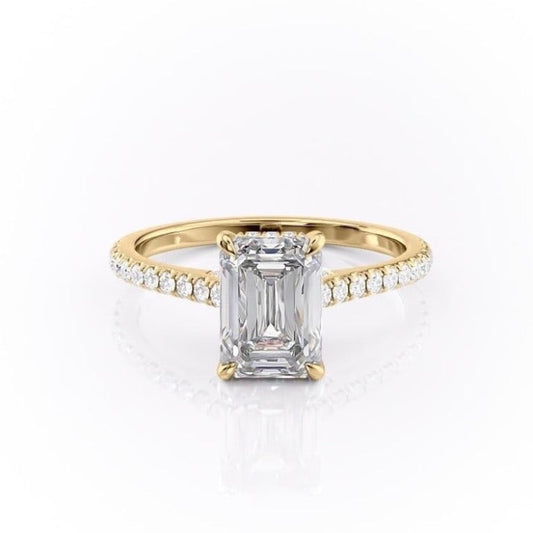 The Celeste — Emerald Lab Diamond Pavé Shoulder Secret Halo Engagement Ring V