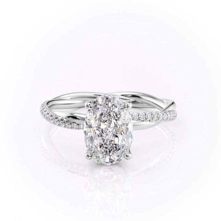 The Elise — Oval Lab Diamond Twisted Band Secret Halo Engagement Ring