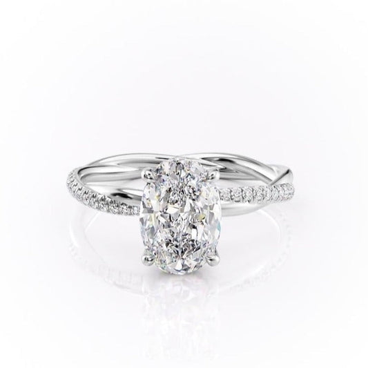 The Elise — Oval Lab Diamond Twisted Band Secret Halo Engagement Ring