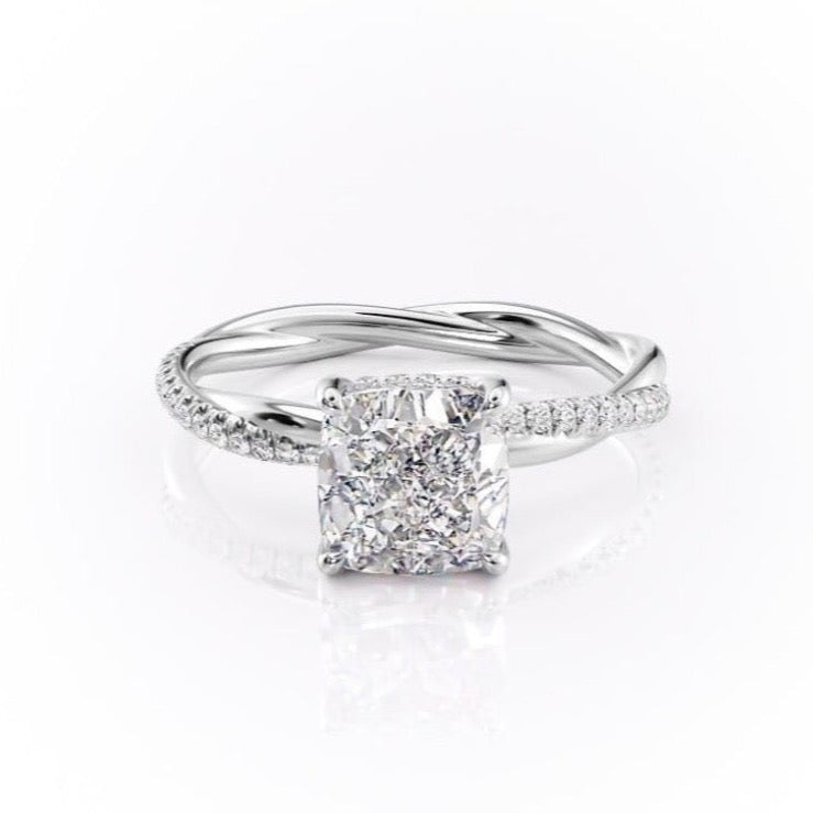 The Elise — Cushion Lab Diamond Twisted Band Secret Halo Engagement Ring