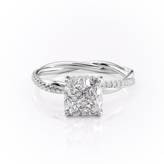 The Elise — Cushion Lab Diamond Twisted Band Secret Halo Engagement Ring