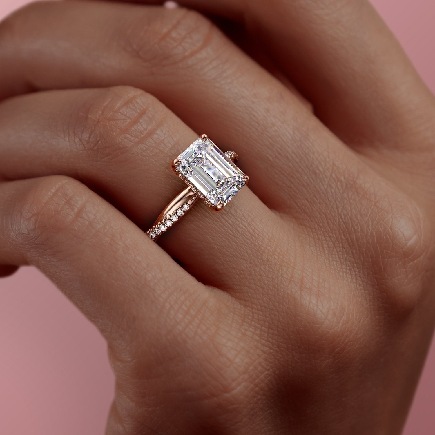 The Elise — Emerald Lab Diamond Twisted Band Secret Halo Engagement Ring