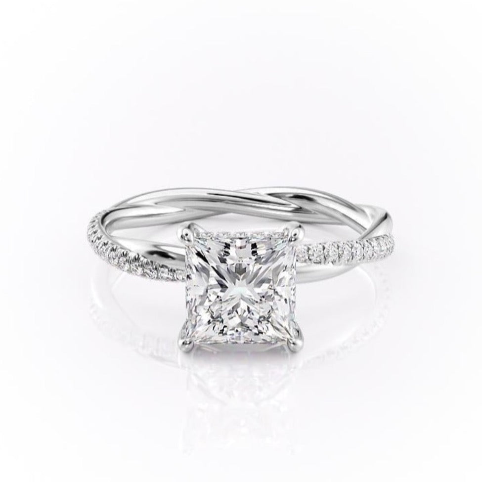 The Elise — Princess Lab Diamond Twisted Band Secret Halo Engagement Ring II