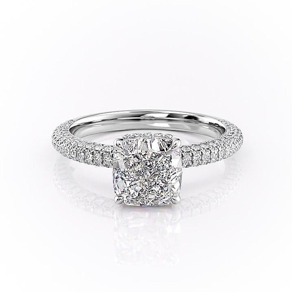 The Celeste — Cushion Lab Diamond Pavé Shoulder Secret Halo Engagement Ring II