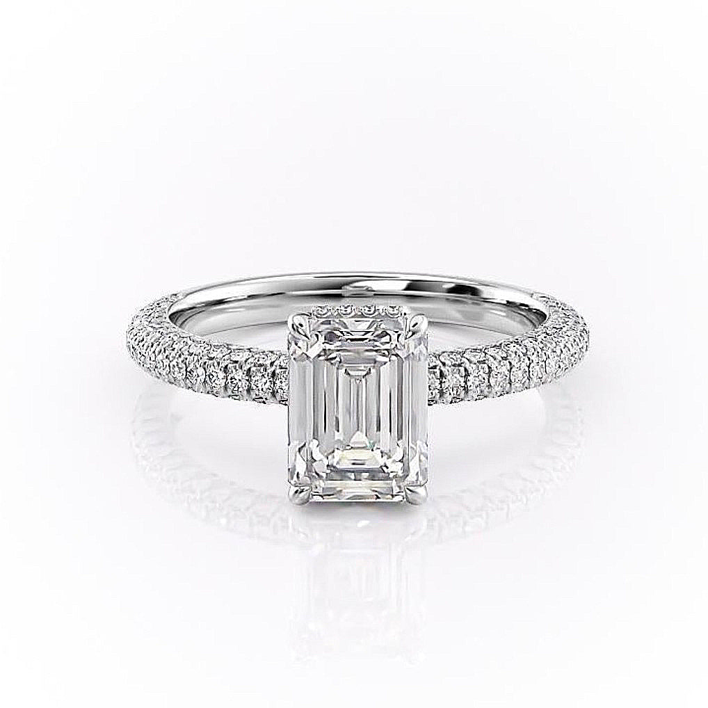 The Celeste — Emerald Lab Diamond Pavé Shoulder Secret Halo Engagement Ring II
