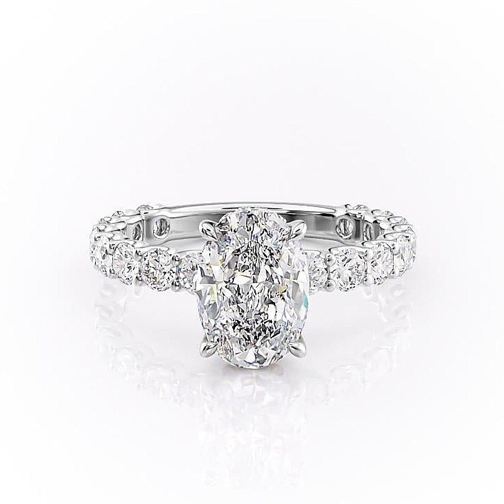 The Celeste — Oval Lab Diamond Pavé Shoulder Secret Halo Engagement Ring